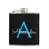 Blue Black Script Giron Monogram Name Flachmann (Vorderseite)