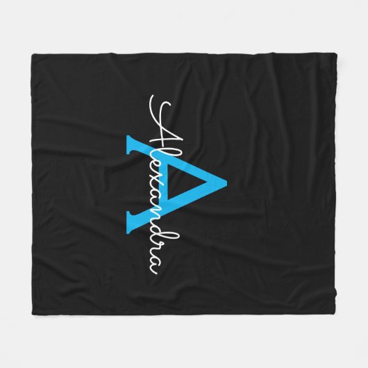 Blue Black Script Giron Monogram Name Fleecedecke (Vorderseite (Horizontal))