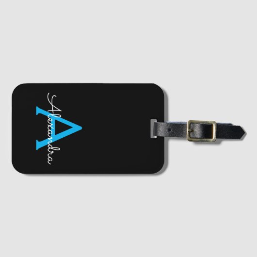 Blue Black Script Giron Monogram Name Gepäckanhänger (Vorderseite (Horizontal))