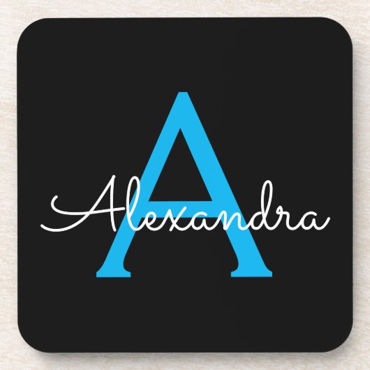 Blue Black Script Giron Monogram Name Getränkeuntersetzer (Vorderseite)