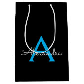 Blue Black Script Giron Monogram Name Mittlere Geschenktüte (Vorderseite)