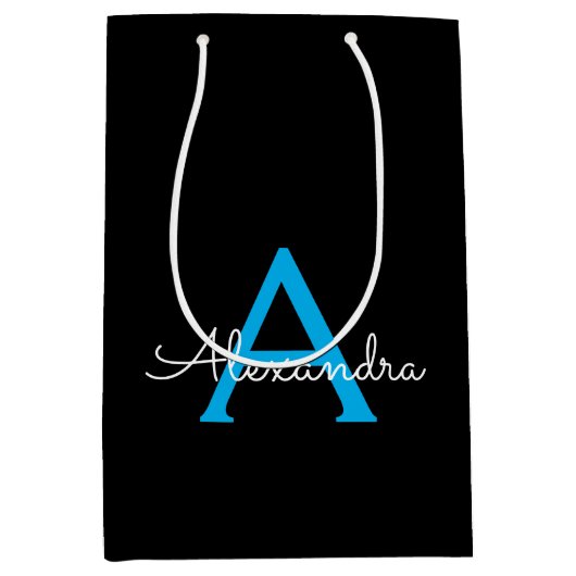 Blue Black Script Giron Monogram Name Mittlere Geschenktüte (Vorderseite)