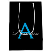 Blue Black Script Giron Monogram Name Mittlere Geschenktüte (Rückseite)