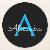 Blue Black Script Giron Monogram Name Runder Pappuntersetzer (Vorderseite)