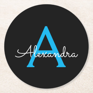 Blue Black Script Giron Monogram Name Runder Pappuntersetzer