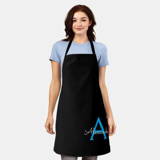 Blue Black Script Giron Monogram Name Schürze (Getragen)