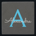 Blue Black Script Giron Monogram Name Steinuntersetzer<br><div class="desc">Schwarz und Blau Einfache Script Monogram Name Stone Tile. Das macht den perfekten Abschluss,  süßen 16 Geburtstag,  Hochzeit,  Brautparty,  Jubiläum,  Babydusche oder Junggeselinnen-Abschied Geschenk für jemanden,  die Lieben glamourösen Luxus und schicke Stile.</div>