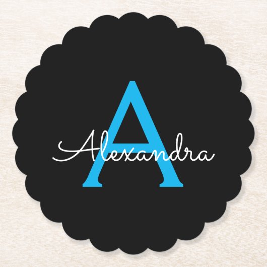 Blue Black Script Giron Monogram Name Untersetzer (Vorderseite)