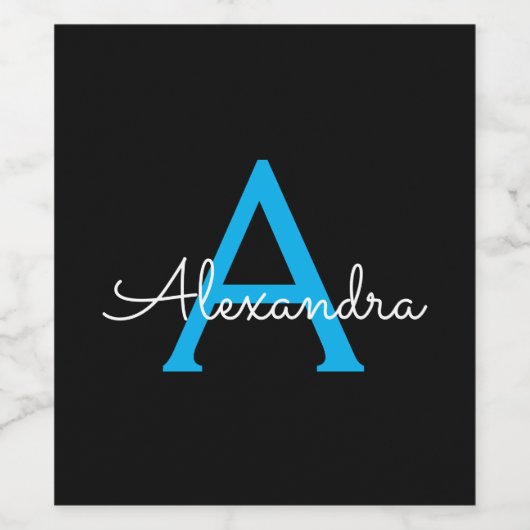 Blue Black Script Giron Monogram Name Weinetikett (Einzelnes Label)