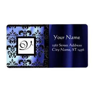 BLUE BLACK SILK DAMASK, SQUARE MONOGRAMM