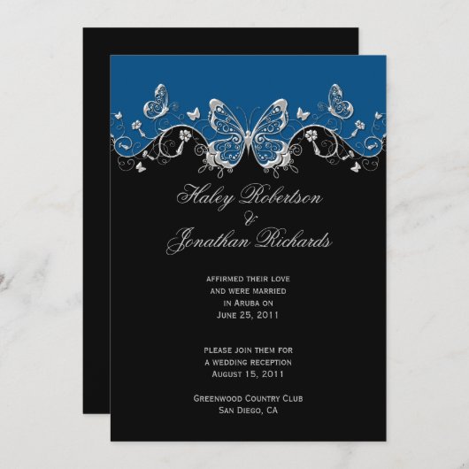 Blue Black Silver Butterflies Post Wedding Einladung (Vorne/Hinten)