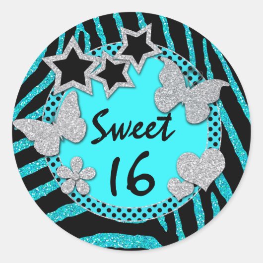 Blue Black Silver IMITATE Glitzer Sweet 16 Sticker (Vorderseite)
