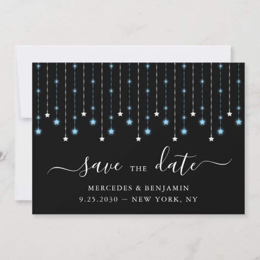 Blue Black Silver Stars String Lights Wedding Save The Date (Vorderseite)