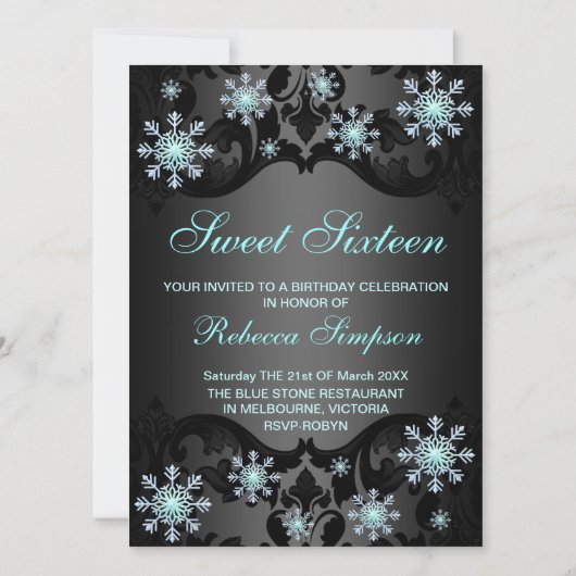 Blue & Black Snowflake Sweet16 Birthday Einladung (Rückseite)