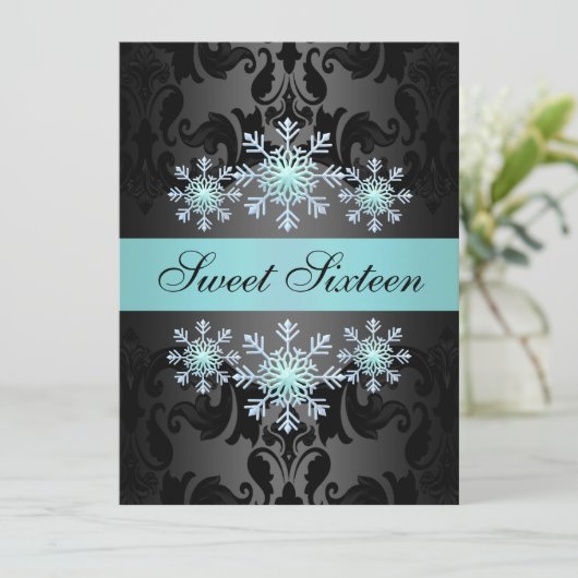 Blue & Black Snowflake Sweet16 Birthday Einladung (Stehend Vorderseite)