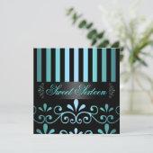 Blue/Black Stripe & Swirl Sweet 16 Einladen Einladung (Stehend Vorderseite)