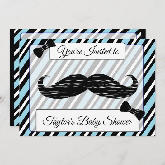 Blue & Black Striped Mustache Kinderdusche laden e Einladung (Vorne/Hinten)