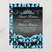 Blue/Black Sweet16 Damask & Tiara Birthday Invite Einladung (Vorne/Hinten)