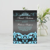 Blue/Black Sweet16 Damask & Tiara Birthday Invite Einladung (Stehend Vorderseite)