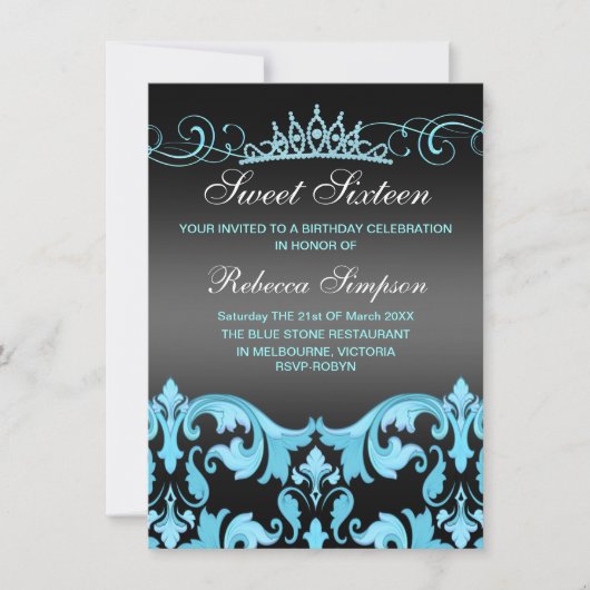 Blue/Black Sweet16 Damask & Tiara Birthday Invite Einladung (Vorderseite)