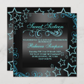 Blue/Black Sweet16 Star & Swirl Geburtstag Einladu Einladung (Vorne/Hinten)