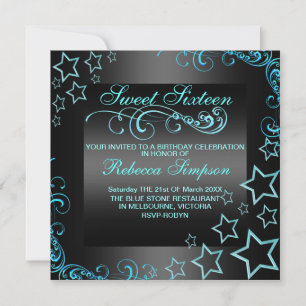 Blue/Black Sweet16 Star & Swirl Geburtstag Einladu Einladung