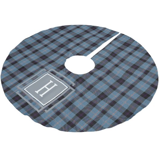 Blue Black Tartan Monogram Polyester Weihnachtsbaumdecke (Schrägansicht)