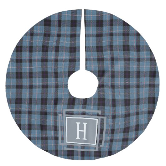 Blue Black Tartan Monogram Polyester Weihnachtsbaumdecke (Vorderseite)