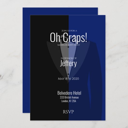 Blue Black Tuxedo Bachelor Party Save the Date (Vorne/Hinten)
