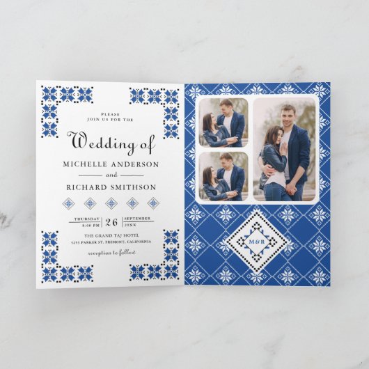 Blue Black Ukrainian Embroidery QR Code Wedding Einladung (Innenseite)