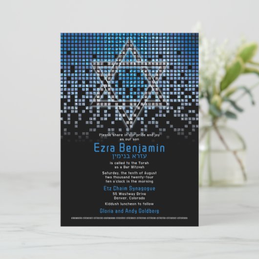 Blue Black Video Game Gamer Bar Mitzvah Einladung (Stehend Vorderseite)