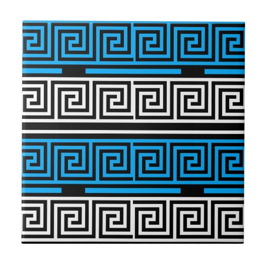 Blue Black White Greek Key Fret Pattern Design  Fliese (Vorderseite)
