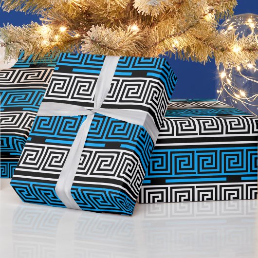 Blue Black White Greek Key Fret Pattern Design  Geschenkpapier