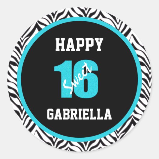 Blue & Black Zebra Personalisiert Sweet 16 Sticker (Vorderseite)