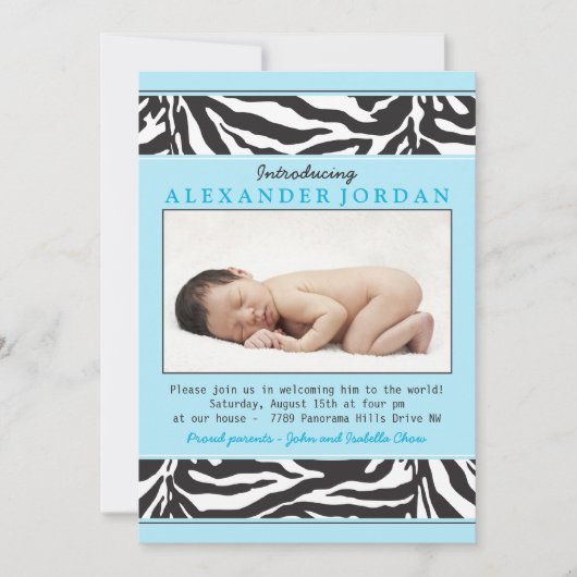 Blue Black Zebra Print Foto Sip N Siehe Babydusche Einladung (Vorderseite)