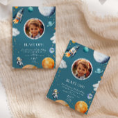 Blue Blast Off Photo Space Theme Kids Birthday Einladung