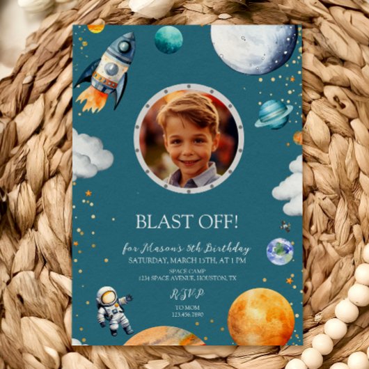Blue Blast Off Photo Space Theme Kids Birthday Einladung