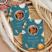 Blue Blast Off Photo Space Theme Kids Birthday Einladung