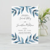 Blue Blätter Blätter Hochzeitseinladung Einladung (Stehend Vorderseite)
