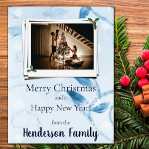 Blue Blätter Flat Holiday Foto Card Feiertagskarte