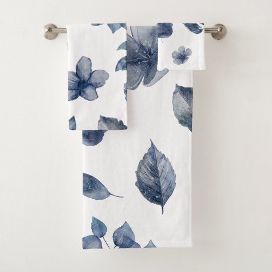 Blue Blätter Florals Watercolor Badhandtuch Set (Insitu)