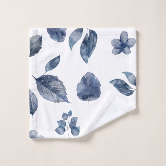Blue Blätter Florals Watercolor Badhandtuch Set (Waschlappen)