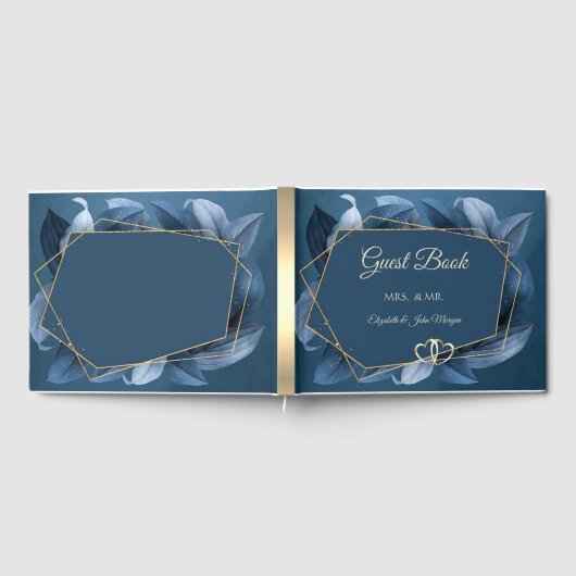 Blue Blätter Gold Frame Gästebuch (Voll)
