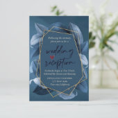 Blue Blätter Gold Frame Hochzeitempfang Einladung (Stehend Vorderseite)