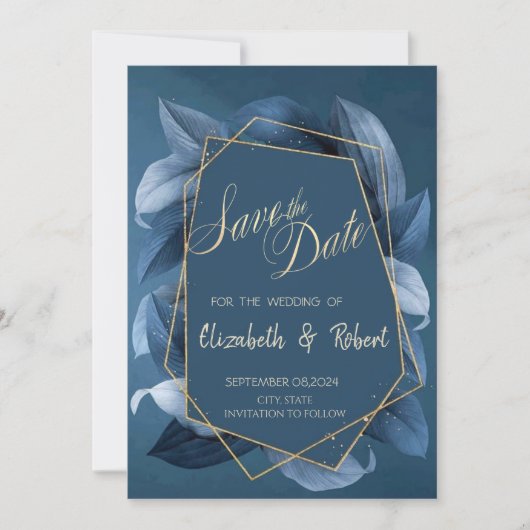 Blue Blätter Gold Frame Save the Date (Vorderseite)