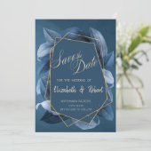 Blue Blätter Gold Frame Save the Date (Stehend Vorderseite)
