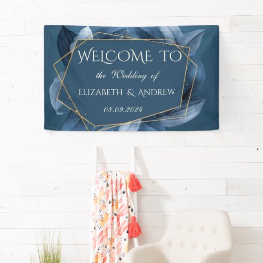 Blue Blätter Gold Frame Wedding Banner (Insitu)