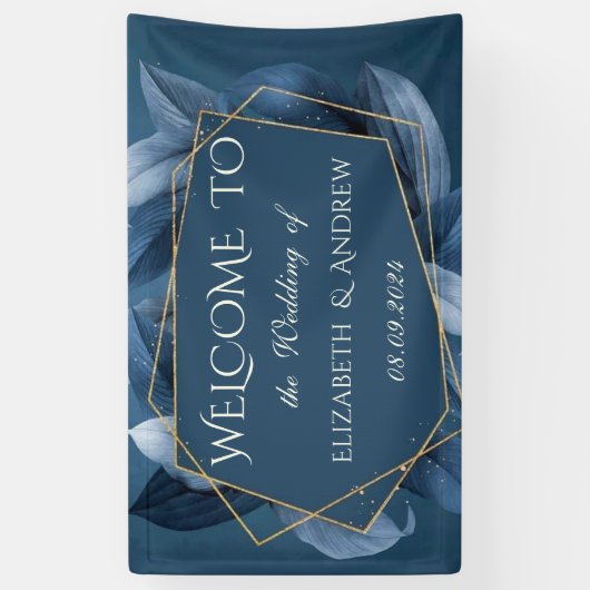 Blue Blätter Gold Frame Wedding Banner (Vertikal)