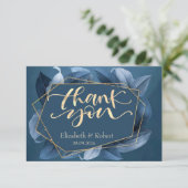 Blue Blätter Gold Frame Wedding Dankeschön Card Dankeskarte (Stehend Vorderseite)