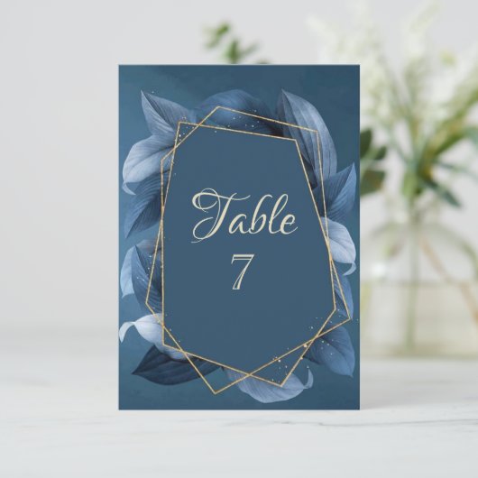 Blue Blätter Gold Frame Wedding Einladung (Stehend Vorderseite)